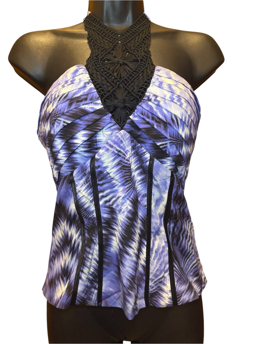 bebe Purple and Black Halter Camisole with Crochet Yoke
